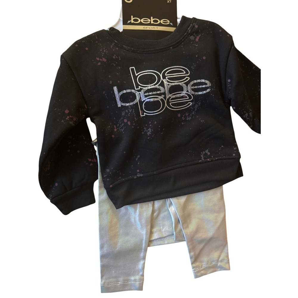 Bebe Sport Kids 2T Black Iridescent 3 Piece Set Sweatshirt Tank Leggings - Picture 2 of 7